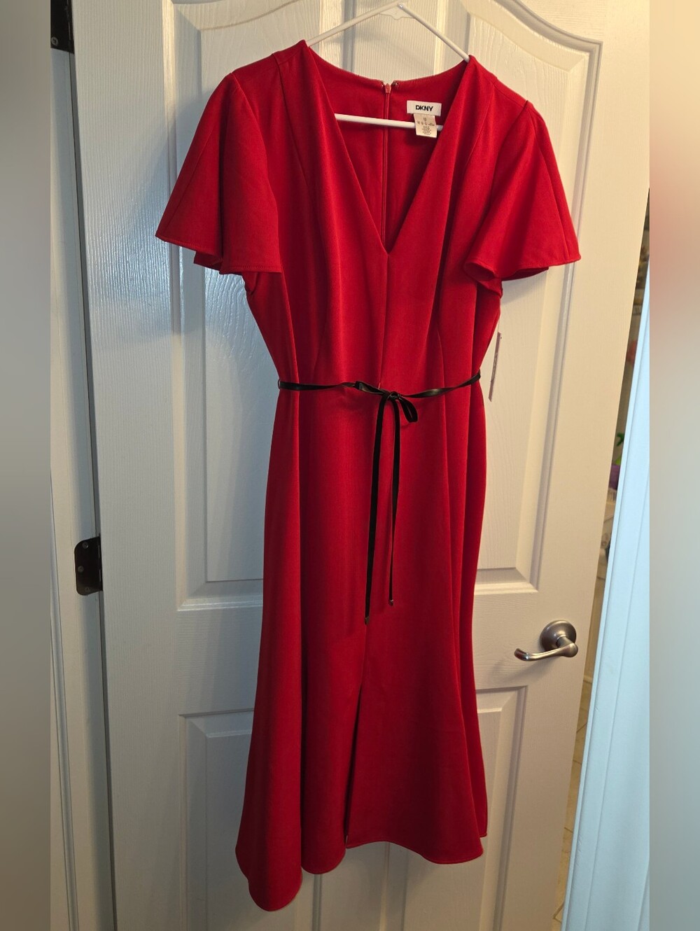 DKNY Red Flutter Sleeve Midi Dress Size 12 NWT
